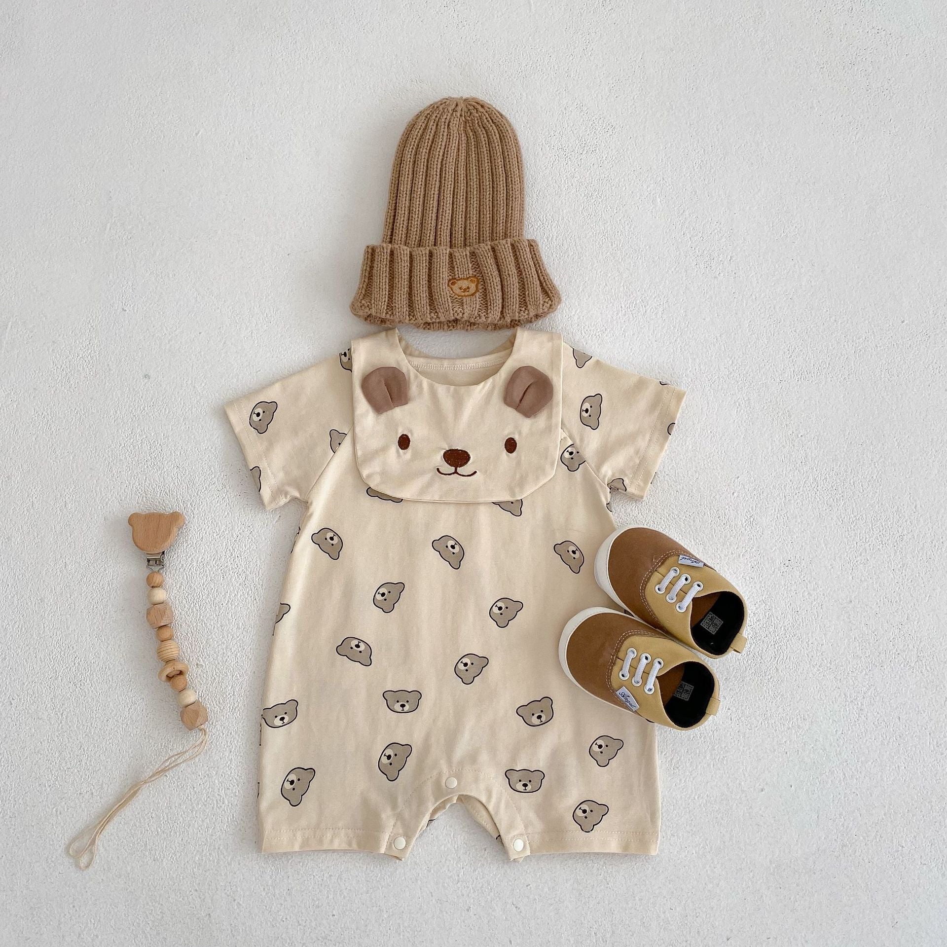 Baby Bear Pattern Removable Drooling Towel Summer Romper-2