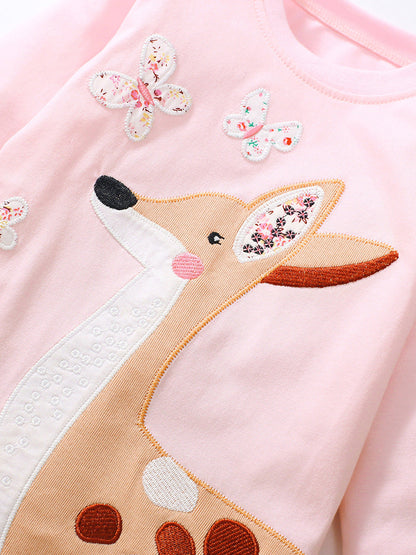 Baby Girls Kids Deer Cartoon Embroidery Long Sleeve Top Pullover-2