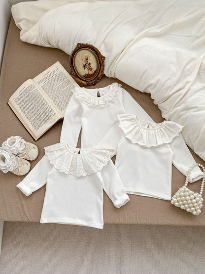 Spring Collection: Baby Girls’ Long Sleeve Doll Collar Base Shirt With 3 Kinds Of Lace Trim-2