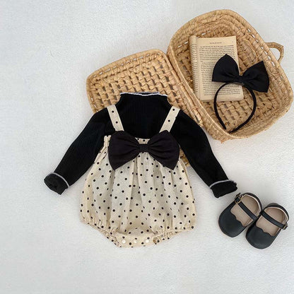 New Arrival For Spring/Autumn: Polka Dot Overall Onesies And Long Sleeve Base Layer Top Set-2