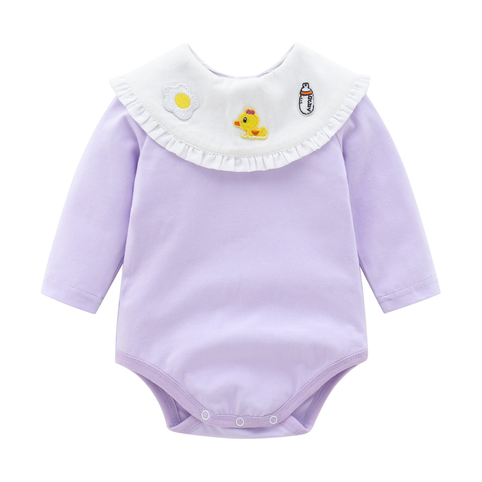 Baby Girl 1pcs Cartoon Embroidered Pattern Ruffle Neck Long Sleeved Triangle Bodysuit-2