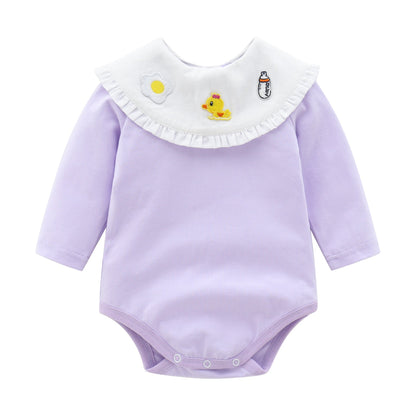 Baby Girl 1pcs Cartoon Embroidered Pattern Ruffle Neck Long Sleeved Triangle Bodysuit-2