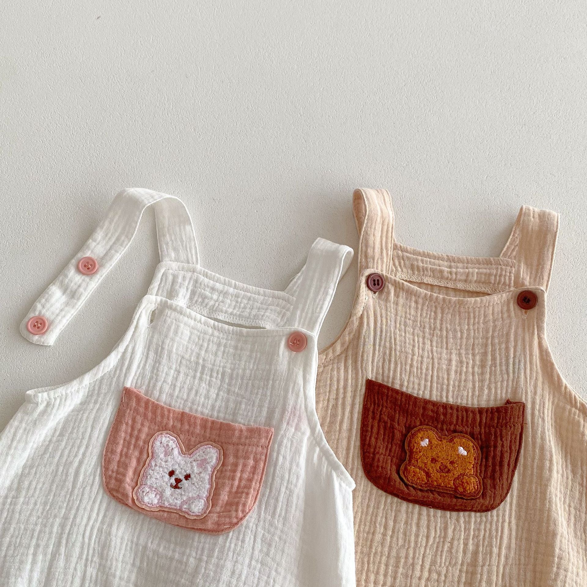 Unisex Summer New Arrival Sleeveless Simple Teddy Pattern Pocket Baby Strap Onesies-3