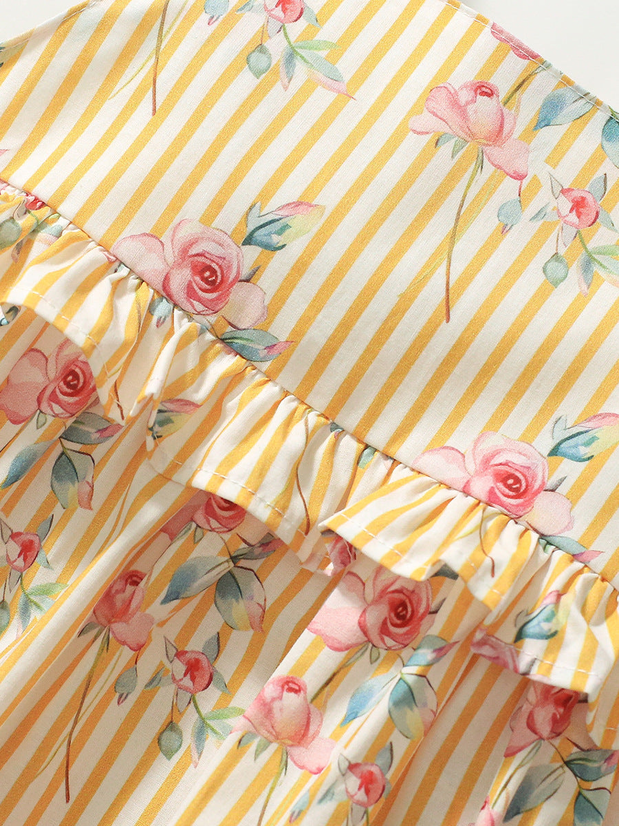 New Design Summer Girls Sleeveless Flowers Print Yellow Striped Strap Dress-2