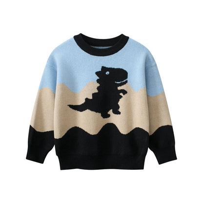 Baby Boy Kids Dinosaur Pattern Crew Neck Long Sleeves Color Patchwork Knitwear Pullover-2