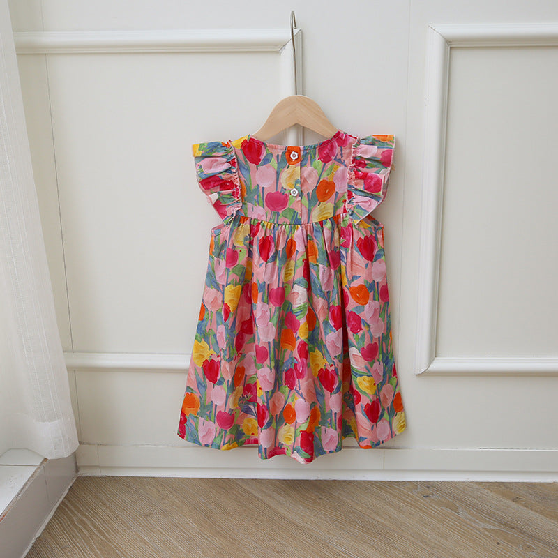 Summer New Arrival Kids Girls Fly Sleeves Tulip Flowers Pattern Dress-1