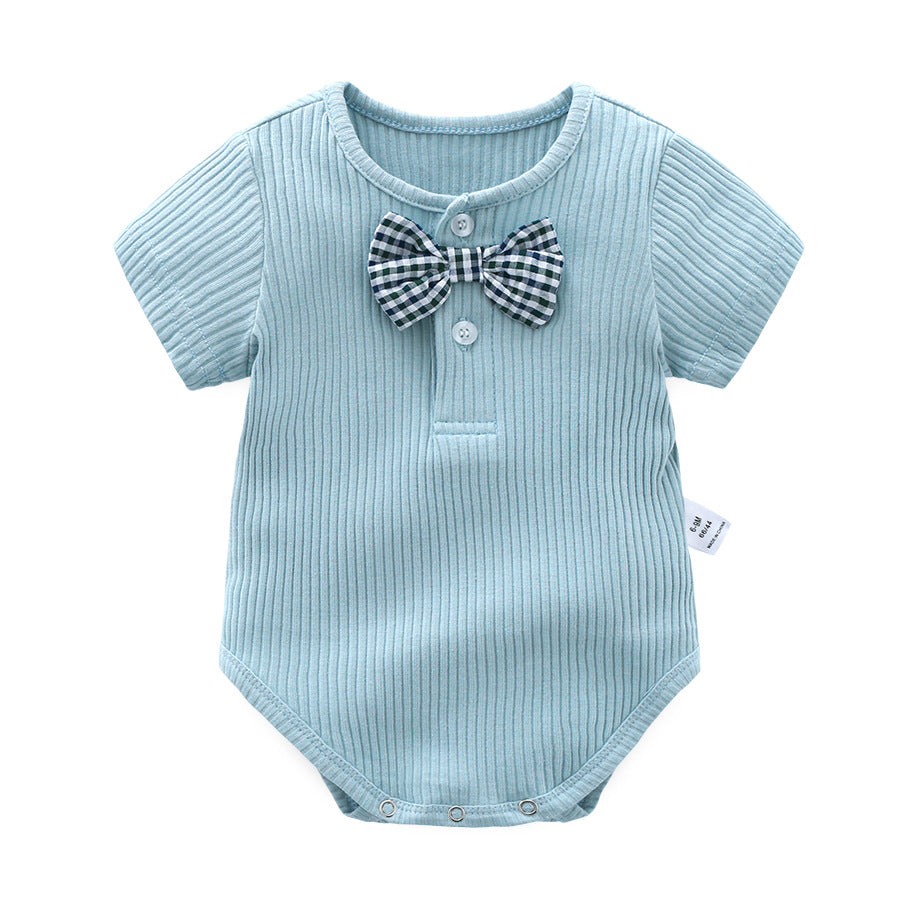 Baby Boy And Girl Solid Color Bow Tie Design Short Sleeve Buttoned Onesies-3