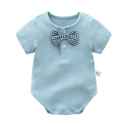 Baby Boy And Girl Solid Color Bow Tie Design Short Sleeve Buttoned Onesies-3