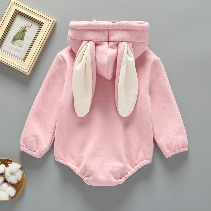 Baby Girl Print Pattern Rabbit Ear Design Long Sleeved Thickened Onesies-3