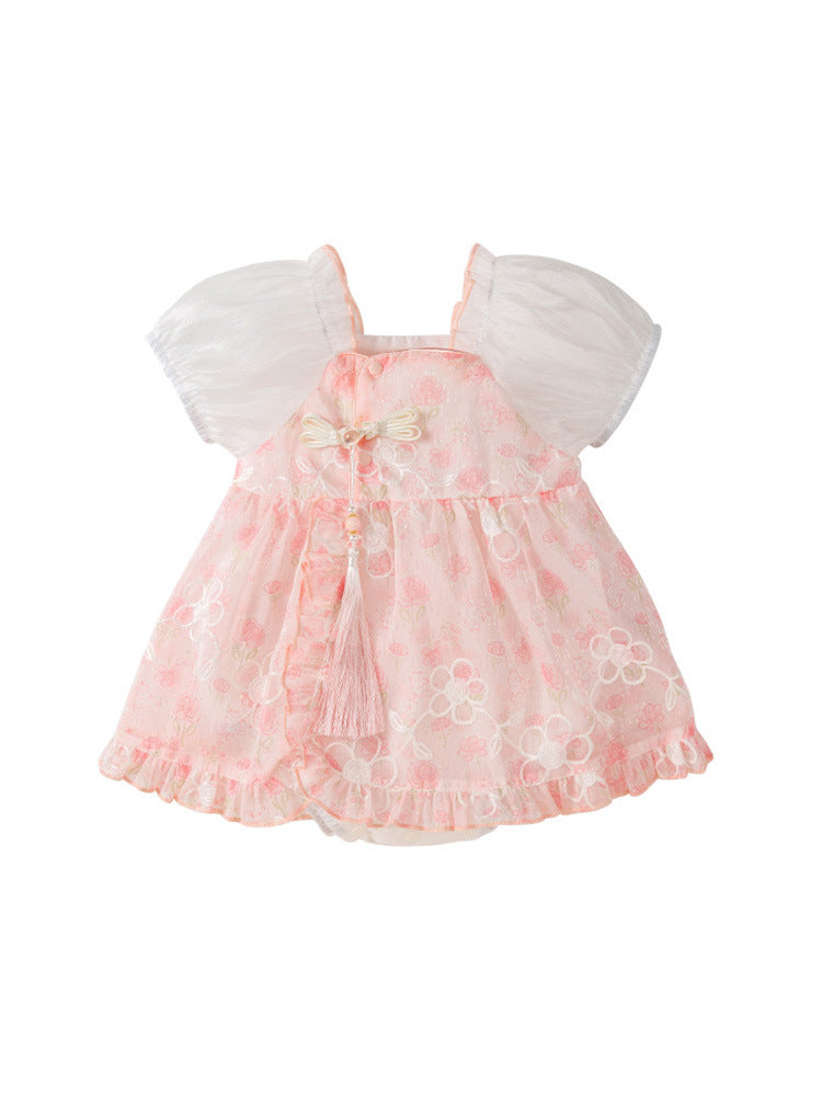 Summer New Dress Design Baby Girls Pink Flowers Pattern And Embroidery Short Sleeves Square Neck Sweet Cute Onesies-0