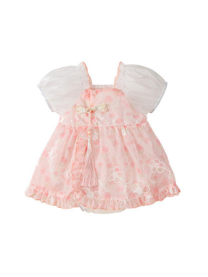 Summer New Dress Design Baby Girls Pink Flowers Pattern And Embroidery Short Sleeves Square Neck Sweet Cute Onesies-0