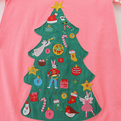 Baby Girl Cartoon Christmas Tree Pattern Striped Sleeve Design Princess Dress-3