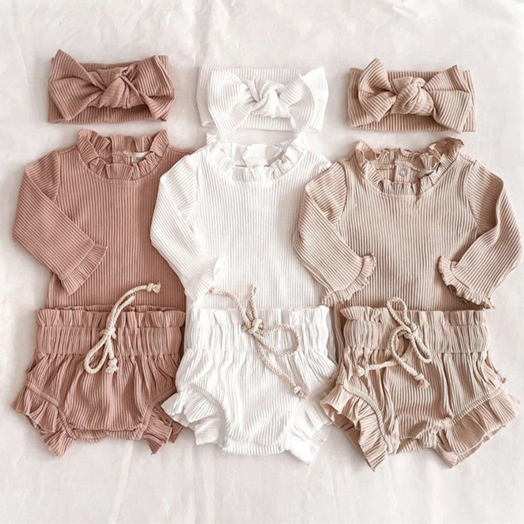 Baby Girl Wood Ear Design Solid Color Long-Sleeved Round Collar Tops Combo Shorts Cotton Sets-0