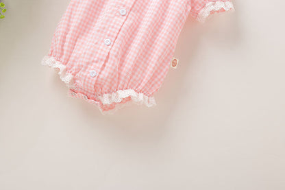 Baby Girl Plaid Pattern Lace Patchwork Design Bubble Short-Sleeved Onesies With Buttons-3