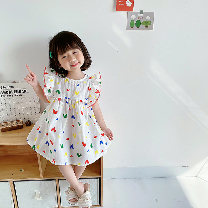 Best Selling Summer Baby Kids Girls Colorful Heart Pattern Fly Sleeves Dress-3