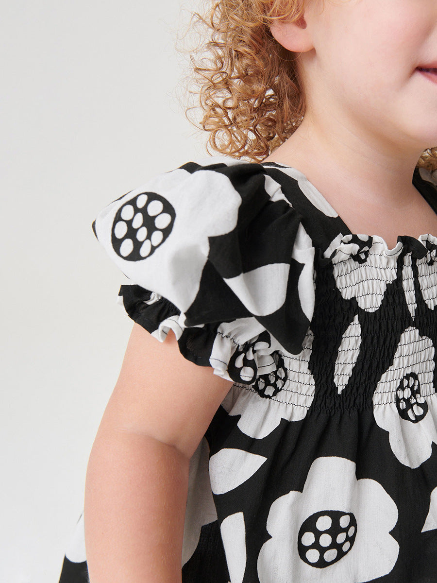 Baby Girls Square Neck Short Sleeves Black Floral Dress-4