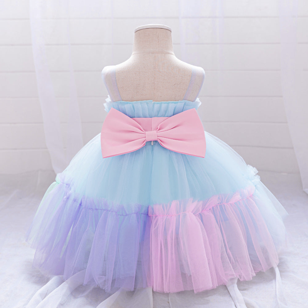 Summer Baby Kids Girls Princess Crew Neck Sleeveless 3D Butterfly Bow Colorful Mesh Dress-0