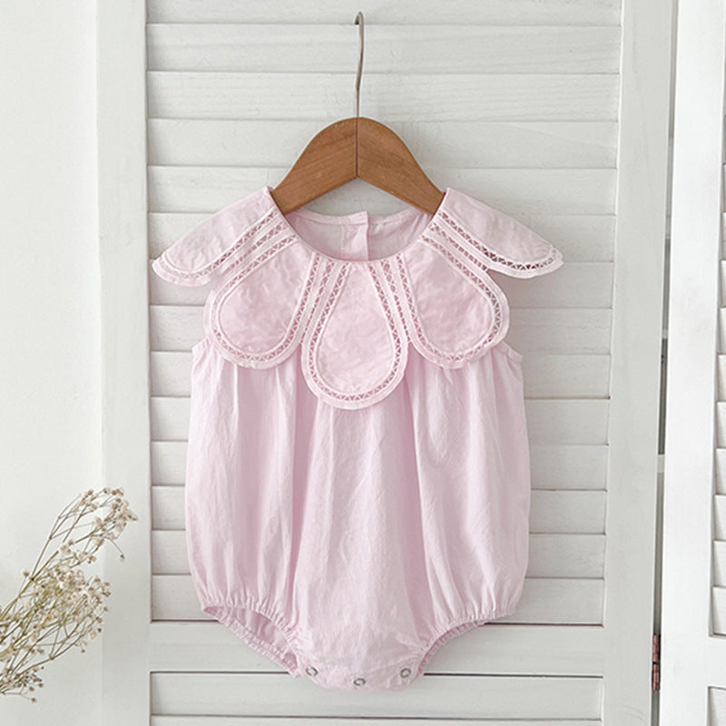 New Design Summer Girls Hollow Out Flower Collar Short Sleeveless Onesies And Short Sleeves Dress – Sister Matching Clothing Set-2
