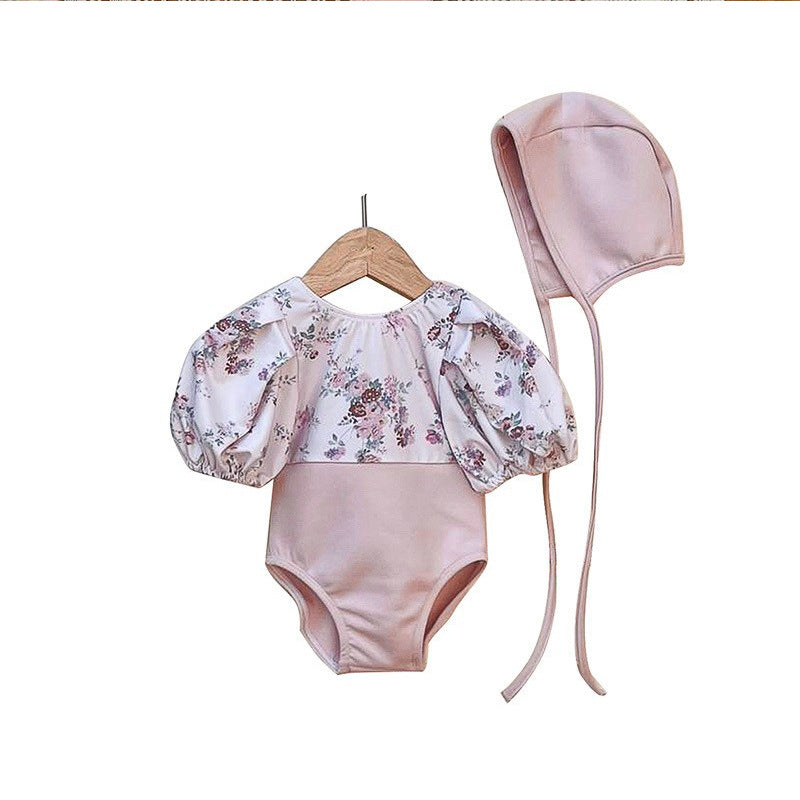 Baby Girl Floral Pattern Puff Sleeves Swimwear With Hats-3