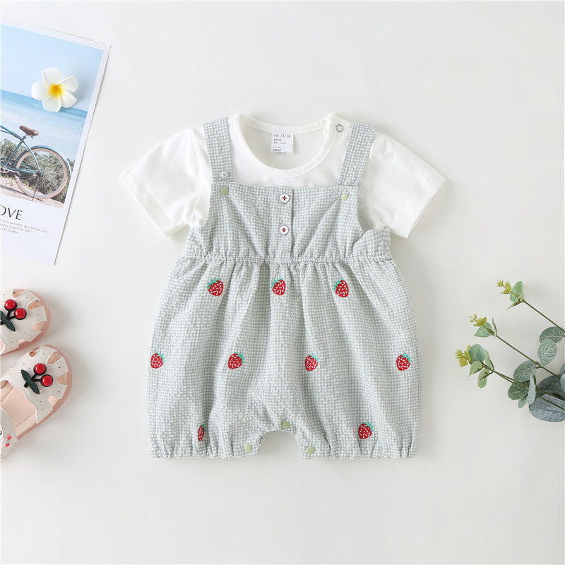 Baby Girl 1pcs Plaid Graphic Strawberries Embroidery Snap Button Jumpsuit &amp; Solid Tee Sets-2