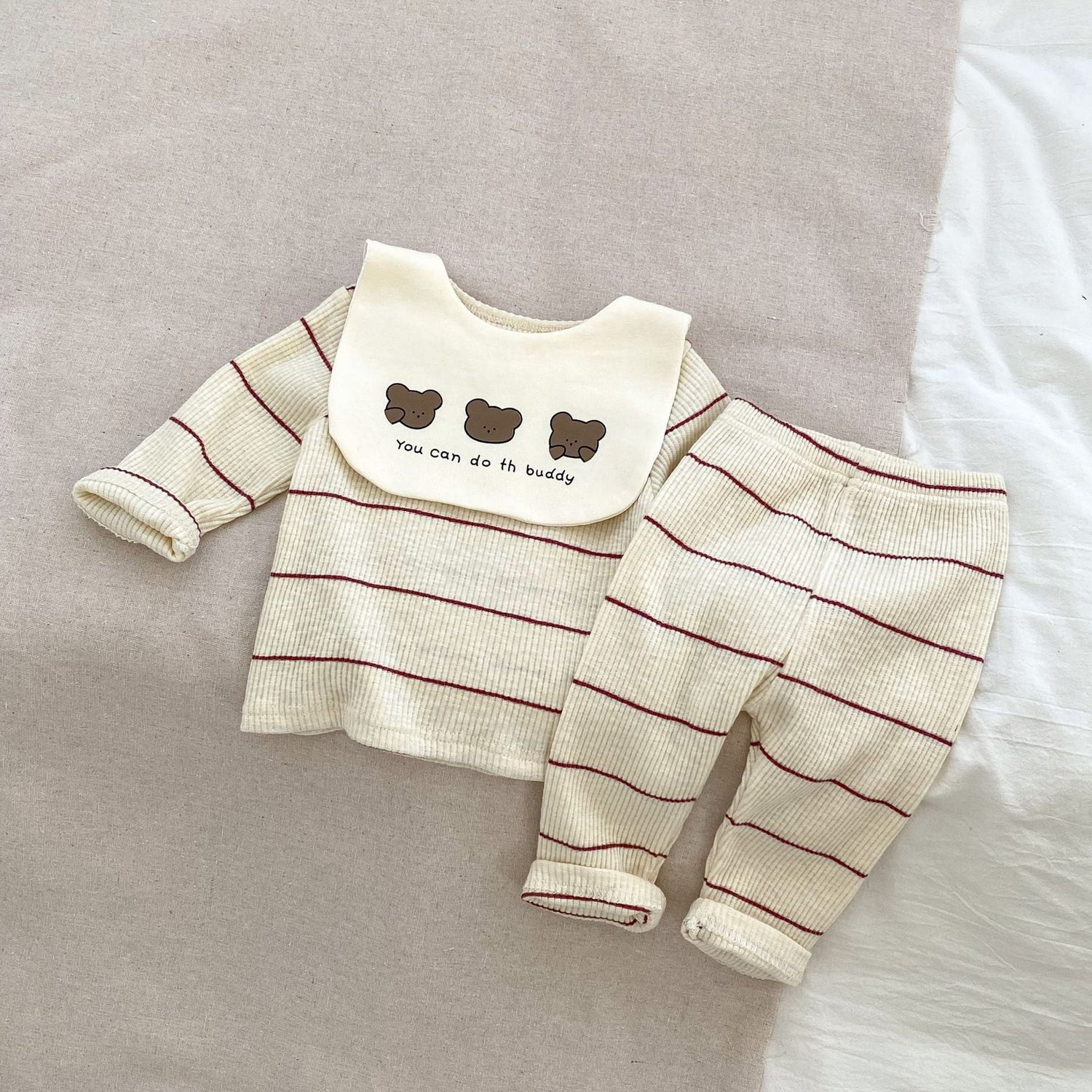 Striped Pattern Pajamas With Removable Drool Towel Sets-2