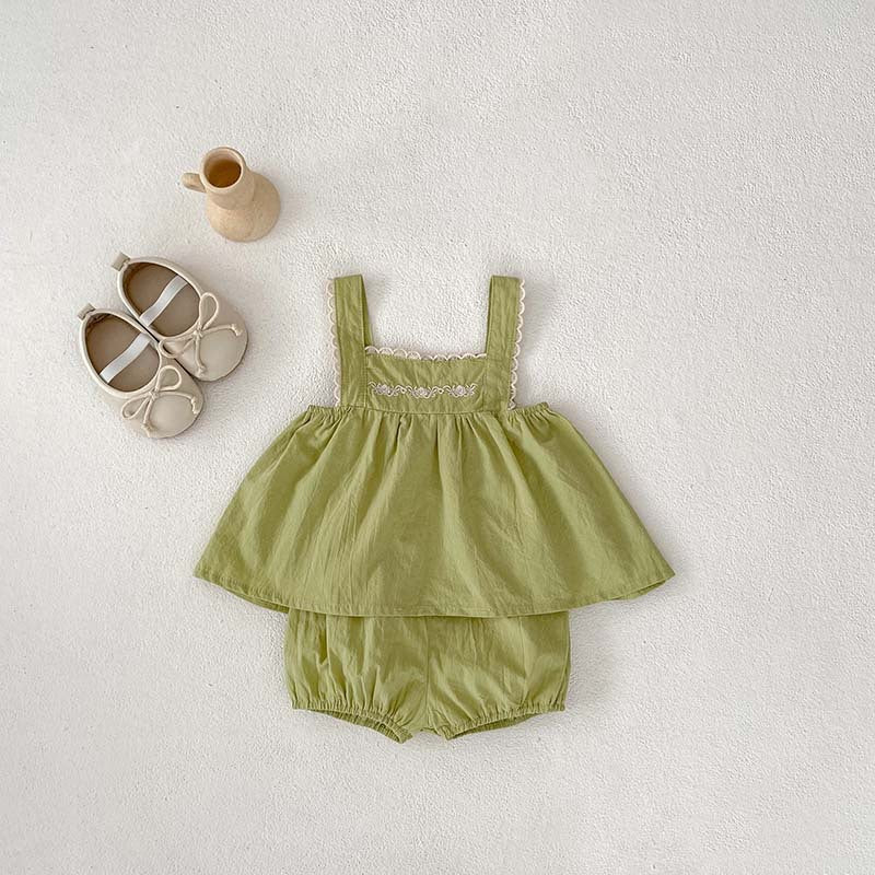 Summer Hot Selling Baby Girls Sleeveless Lace Trim Strap Top Dress And Bloomers Clothing Set-2