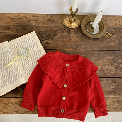 Baby Girl Solid Color Lapel Design Knit Cardigan-3