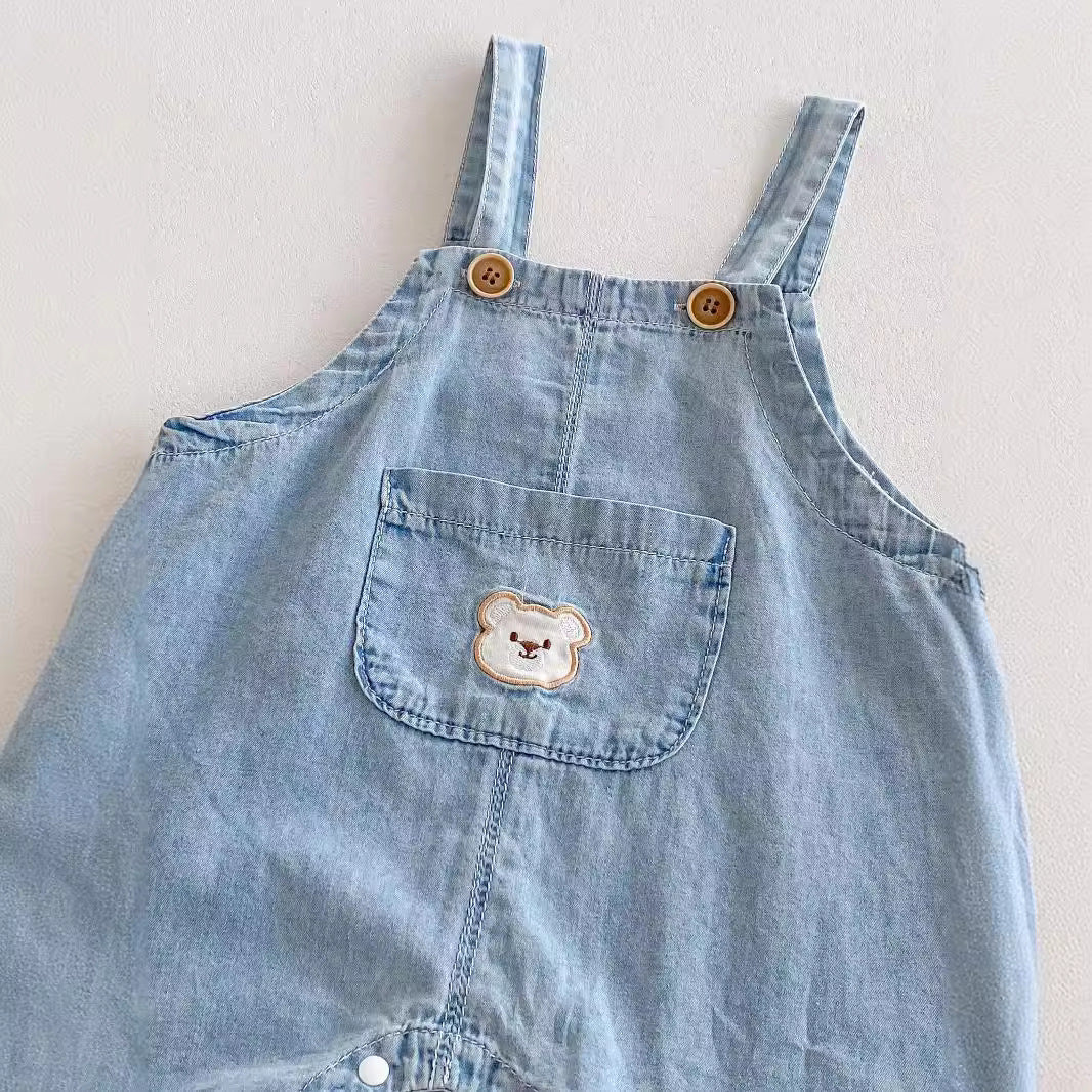 New Arrival Summer Baby Kids Unisex Teddy Bear Pattern Short Sleeves T-Shirt And Thin Denim Overalls Romper – Baby Matching Clothing Set-3