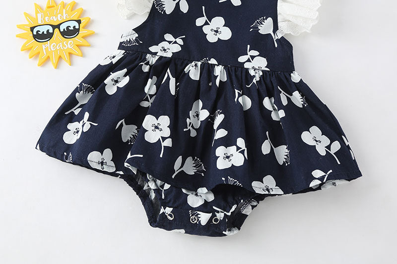 Baby Girls Floral Print Single Breasted Design O-Neck Sleeveless Onesies Dress In Summer-3