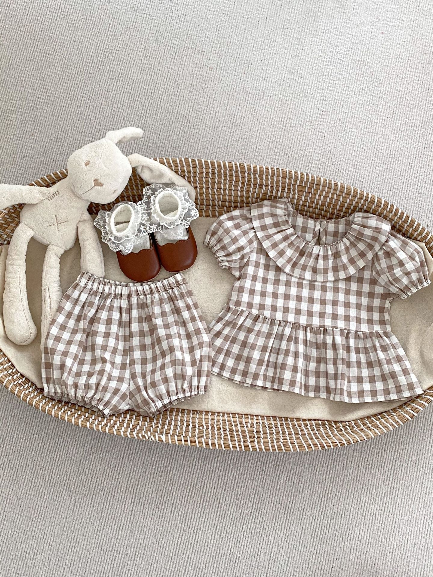 Summer Baby Kids Girls Plaid Short Sleeves Round Collar Top And Shorts Casual Clothing Set-1