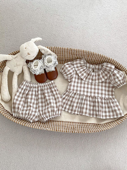 Summer Baby Kids Girls Plaid Short Sleeves Round Collar Top And Shorts Casual Clothing Set-1