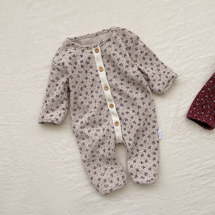 Baby Ditsy Flower Pattern Full Button Design Waffle Knit Rompers-2