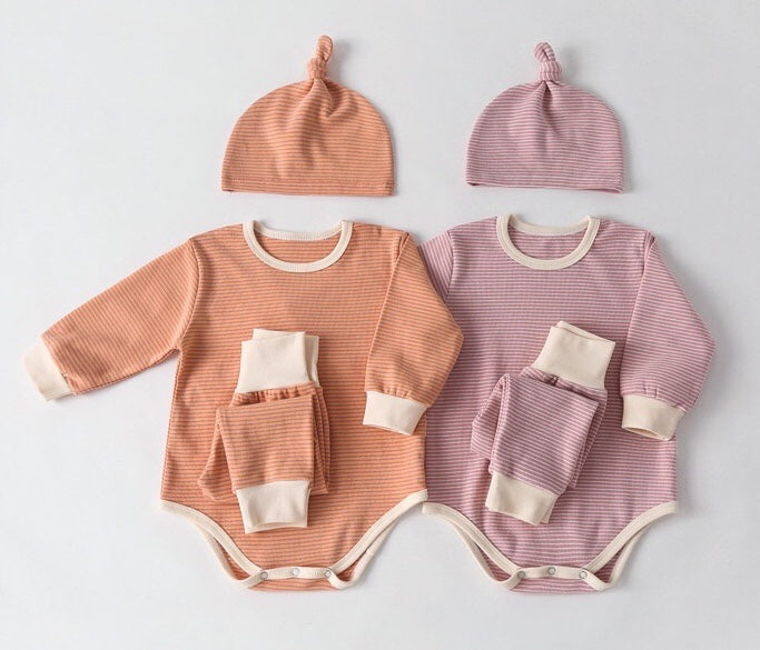 Baby Striped Graphic Bodysuit Onesies Combo Pants &amp; Hat 3 Pieces Sets Tracksuit-3