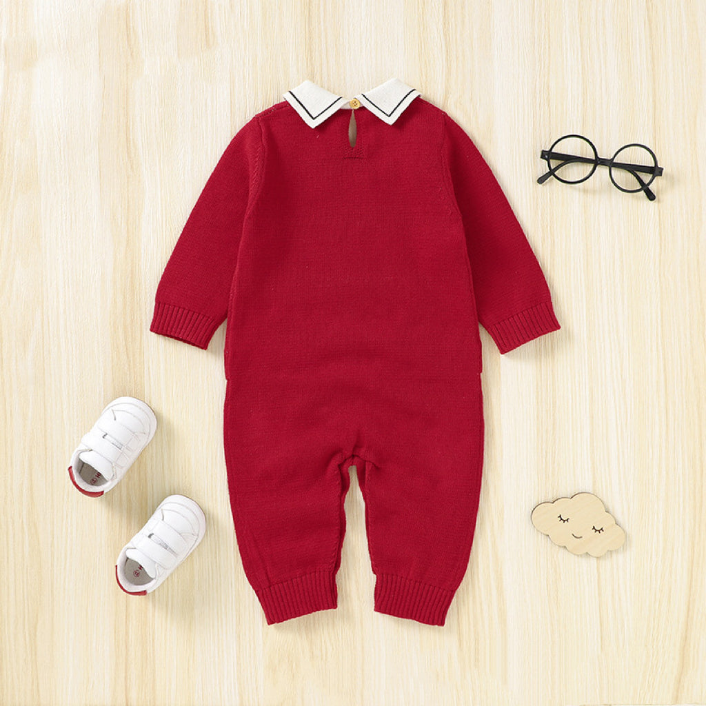 Baby Cartoon Bear Pattern Lapel Design Knitted Romper-3