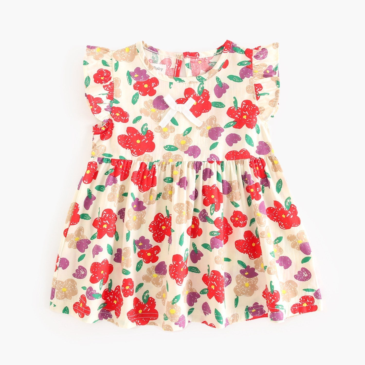 Summer New Design Baby Girls Oil Painting Style Floral Print Fly Sleeves Crew Neck Dress-2