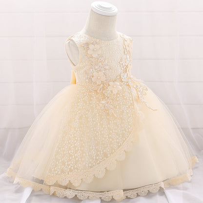 Baby Girl Floral Embroidered Pattern Full Moon Christening Sequins Tutu Dress-2