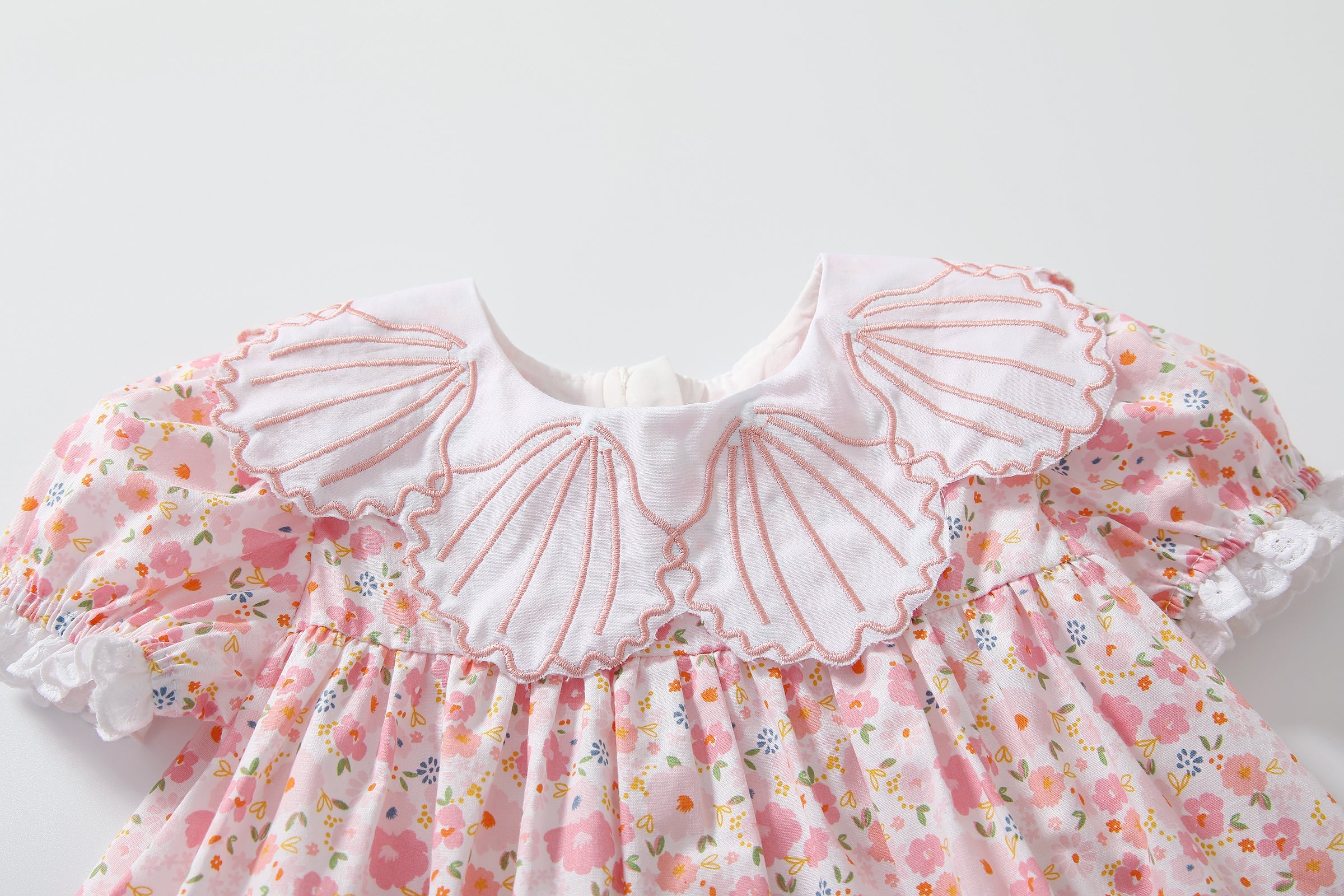 Baby Girl Short-Sleeved Floral Print Shell Shape Collar Pattern A Version Dress-3