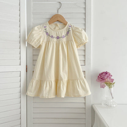 Summer Girls New Arrival Floral Pattern Embroidery Crew Neck Dress – Simple Sister Matching Set-2