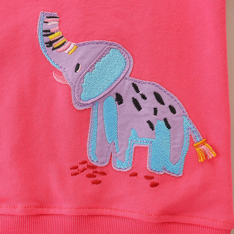 Baby Girl Cartoon Elepants Embroidered Pattern Solid Hoodies-3