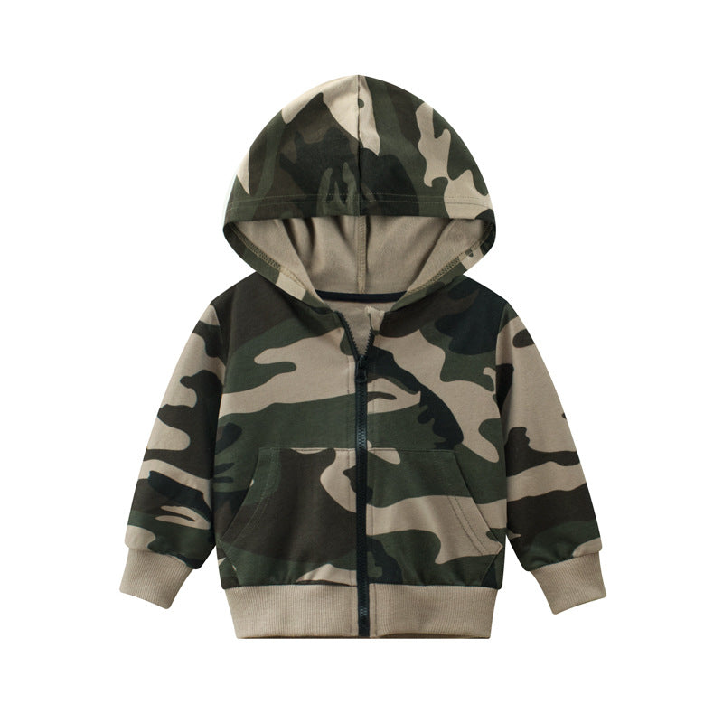 Baby Boy Camouflage Pattern Zipper Front Coat With Hat-0