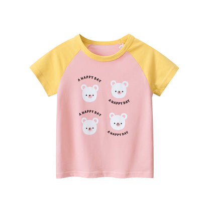 Summer Teddy Bear Cartoon Print Color Patchwork Girls’ T-Shirt In European And American Style-1