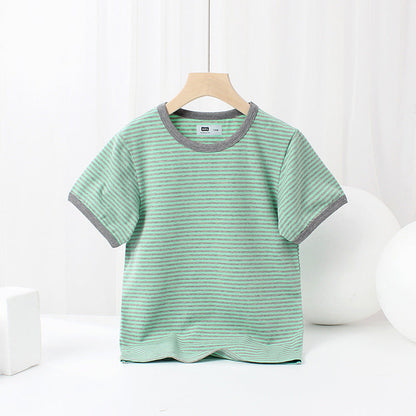 Baby Striped Pattern Crewneck Short Sleeve Cotton T-Shirt-3