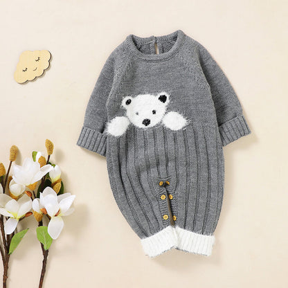 Baby Bear Jacquard Design Long Sleeve Cute Knitted Jumpsuits-2