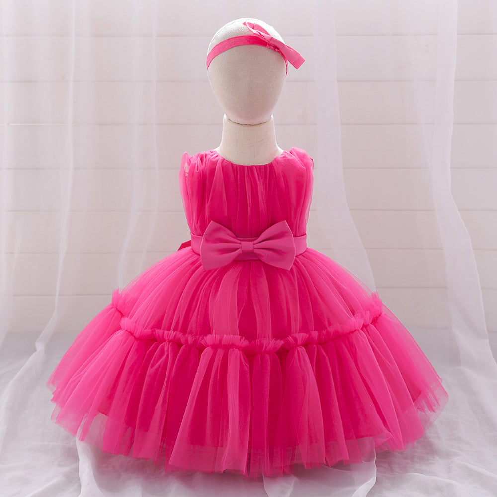 New Arrival Summer Baby Kids Girls Sleeveless Solid Color Ruffle Mesh Bow Tied Dress-2