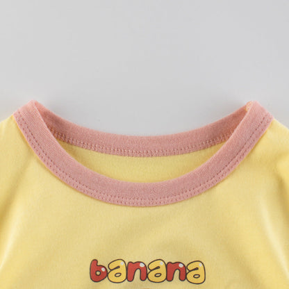 Girl Apple Banana Pear With Doll Print Round-Collar Short-Sleeved Shirt-3