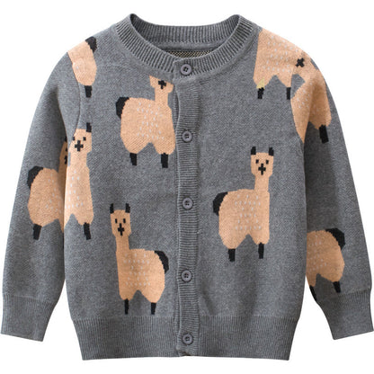 Baby Boy Cartoon Llama Embroidered Pattern Button Front Knitted Cardigan-3