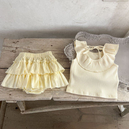 Summer New Arrival Baby Girls Sleeveless Solid Color Top And Ruffle Trim Skirt Clothing Set-3