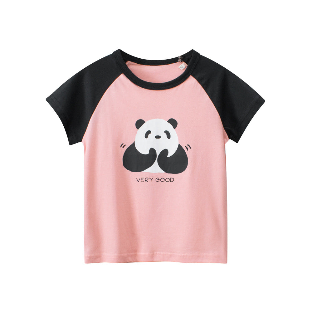 Panda Clapping Printing Girls’ Patchwork T-Shirt For Summer-1