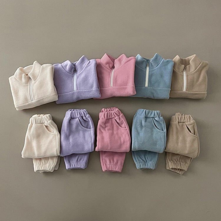 Baby Solid Color Double Sided Fleece Stand Collar Sweater Sets-3