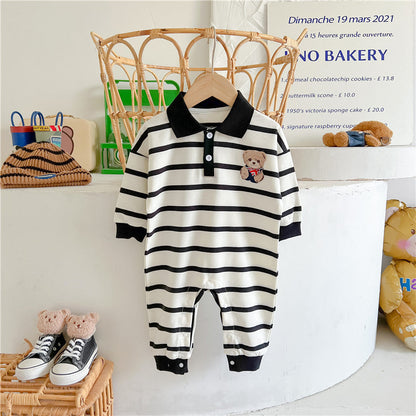 Baby Cartoon Bear Print &amp; Striped Pattern Polo Neck Long Sleeve Romper-4